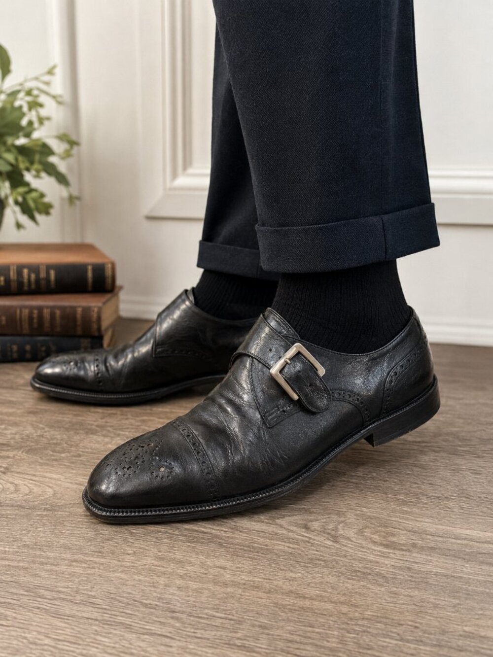 Sandro Moscoloni Black Leather Monk Strap Brogue Dress Shoes Men US 9 Italy